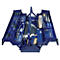 Boîte à outils bleue avec compartiments ouverts remplis d'outils, tournevis, pinces, clés.