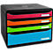 Boite à tiroirs BIG-BOX PLUS HORIZON QUER, A4+, 4 tiroirs semi-ouverts, butée coulissante/poignée recess/porte-étiquettes, étiquettes, Ange Bleu, noir-harlequin