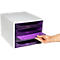 Boîte de rangement blanche avec quatre tiroirs violets dont une main retire un document.