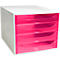 Étagère de bureau blanche avec quatre tiroirs rose vif.