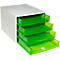 Organisateur de bacs à lettres blanc à quatre niveaux avec tiroirs vert transparent.