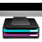 Support de moniteur noir avec un tiroir turquoise et un tiroir violet sous un écran d'ordinateur.