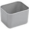 Boîte de rangement rectangulaire grise avec des coins arrondis. Intérieur visible.