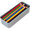Pot à crayons gris avec des crayons de couleur. Différentes couleurs, disposées côte à côte.