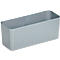 Boîte de rangement rectangulaire grise, en plastique lisse.