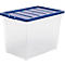 Boîte de rangement transparente avec couvercle bleu. Forme rectangulaire. La boîte est vide.