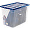 Boîte de rangement transparente avec couvercle bleu. Contenu : bombe aérosol, pneu, valise.