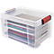 Boîte de rangement transparente en plastique avec couvercle et clips de fermeture rouges, remplie de livres.