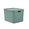 Boîte de rangement vert clair avec couvercle. Dimensions et volume indiqués.