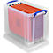 Boîte de transport Really Useful Box, volume 19 l, L 395 x l 255 x H 290 mm, empilable, avec couvercle &amp; poignées rabattables, PP recyclé, transparent