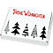 Boîte blanche avec l'inscription rouge "Joyeux Noël" et des sapins noirs.