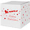 Cube blanc avec motif de Noël rouge : Père Noël dans un traîneau avec des rennes, étoiles et l'inscription "Joyeux Noël".