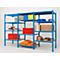 Blue shelving unit with stored goods, boxes and coils. Against a neutral background.