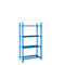 Blue metal shelving unit with four tiers, freestanding against a white background.