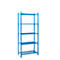 Blue metal shelving unit with 5 shelves against a white background. Sturdy construction, ideal for storage.
