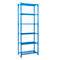 Blue metal shelf with six shelves, against a white background. The shelf is empty.