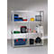 Metal shelf with tools, canisters and boxes. On the shelves are, among other things, blue sorting boxes, a yellow helmet, toolboxes and a cable reel.