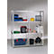 Metal shelf with tools, boxes, helmets and other accessories.