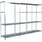 A metal shelving unit with multiple levels, against a neutral background. The shelves are empty.