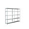 Grey, empty shelf against a white background. It has four shelves and metal supports.