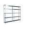 Multi-tier metal shelf on a white background. Various shelves are connected by vertical struts.