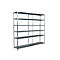 Metal shelving unit against a white background. Multiple horizontal shelves connected by vertical supports.