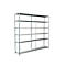 Grey metal shelving unit with six levels against a white background.