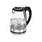 Moderner, durchsichtiger Wasserkocher aus Glas und Edelstahl mit kochendem Wasser vor weißem Hintergrund.