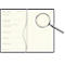 Opened notebook with a magnifying glass. The pages have a calendar. January and KW 2 are written at the top. The magnifying glass is on the empty page.