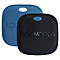 Zwei quadratische Bluetooth-Tracker, einer blau, einer schwarz, mit Loch und Logo.