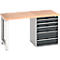 Werkbank met houten blad, grijs-zilveren lades en wit frame.