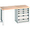 Werkbank met houten blad, lichtgrijs metalen frame en lades.
