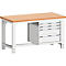Workbench with light brown tabletop, white legs and drawers.