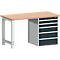 Workbench with wooden top and drawer element. Gray frame with white drawer fronts.