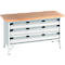 Werkbank mit Holzplatte und drei Schubladen.