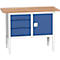 Bott verso box-type werkbank, multiplex blad, 3 laden &amp; 1 deur, B 1250 x D 600 x H 830 - 930 mm, RAL 7035 lichtgrijs / gentiaanblauw