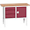 Bott verso box-type werkbank, multiplex blad, 3 laden &amp; 1 deur, B 1250 x D 600 x H 830 - 930 mm, RAL 7035 lichtgrijs / paarsrood