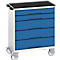 Blue workshop cart with four drawers on wheels. Black worktop and drawer handles.