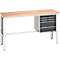 Werkbank met houten blad, grijs frame en lade-element.