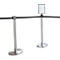 Two silver retractable belt stanchions with a black band and a blank sign. Ideal for queue management.