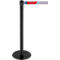 Black stanchion with extendable belt, red and white labeled: self bag drop.