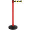 Red stanchion with black base and a yellow and black striped retractable belt.
