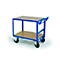 Blue workshop cart with two wooden levels, on wheels.