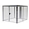 Une cage métallique carrée avec une porte et une serrure, isolée sur fond blanc.
