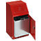 Red waste container with open lid, metallic inner bucket visible.