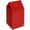 Red house-shaped trash can, lid with symbol. Rectangular body, handle hole.