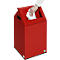 A hand is throwing a white cloth into a red trash can. The bin has a slanted top.