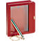 Red, rectangular fire extinguisher box with glass front, open with silver pin and chain.