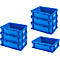 Three stacks of blue plastic containers; one of three, two of two containers each.