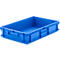 An empty blue plastic box with handles. The box stands on a white background.
